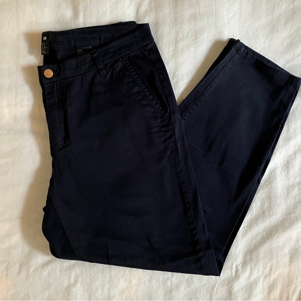 H&M Dark Blue Straight Leg Pants Cotton Blend Professional & Light